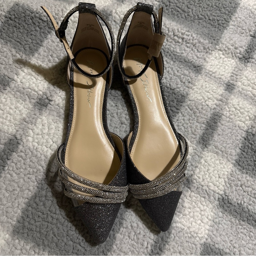 Betsey Johnson Black Glitter Pointed Ankle-Strap Flats with Rhinestone Wrap